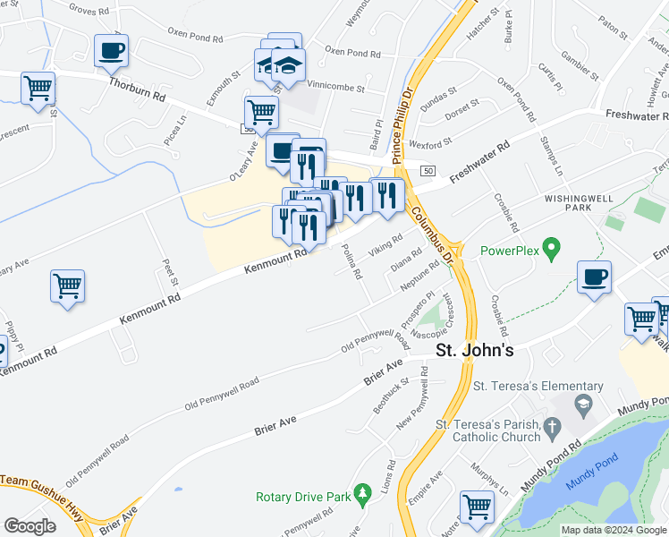 map of restaurants, bars, coffee shops, grocery stores, and more near 82A Viking Road in St. John's