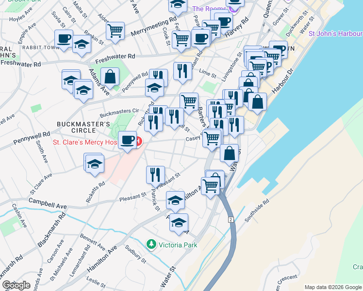 map of restaurants, bars, coffee shops, grocery stores, and more near 12 Gilbert Street in St. John's