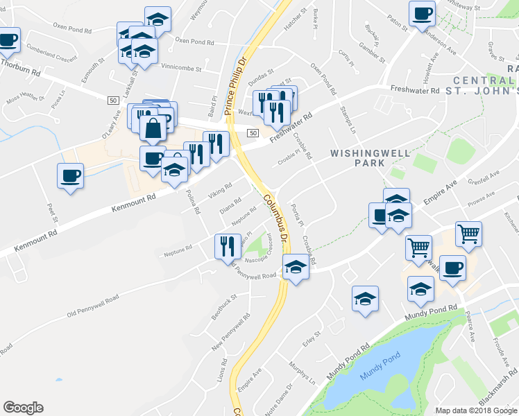 map of restaurants, bars, coffee shops, grocery stores, and more near 13 Neptune Road in St. John's