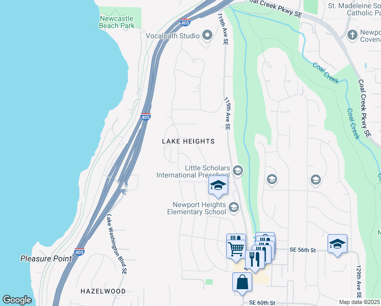 map of restaurants, bars, coffee shops, grocery stores, and more near 5009 117th Avenue Southeast in Bellevue