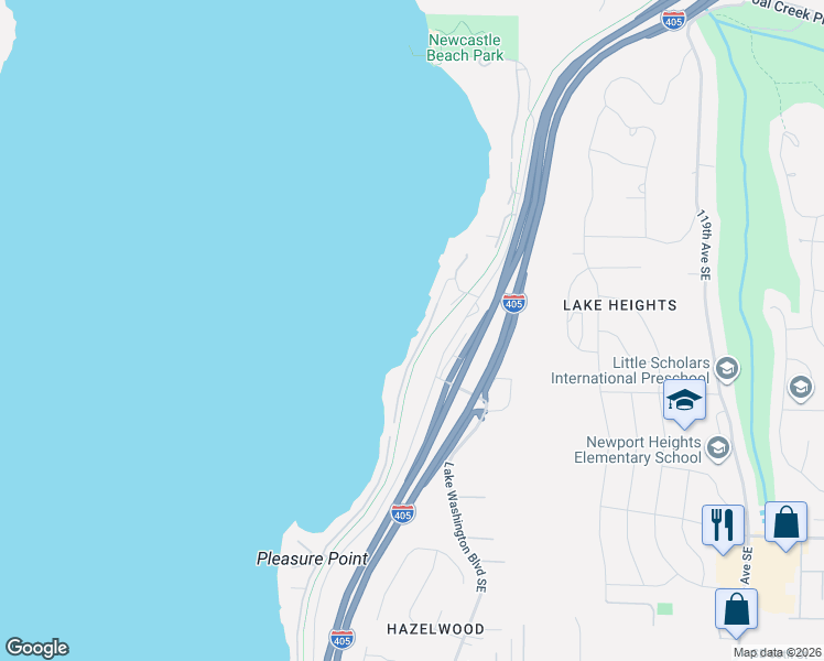 map of restaurants, bars, coffee shops, grocery stores, and more near 4861 Lakehurst Lane Southeast in Bellevue