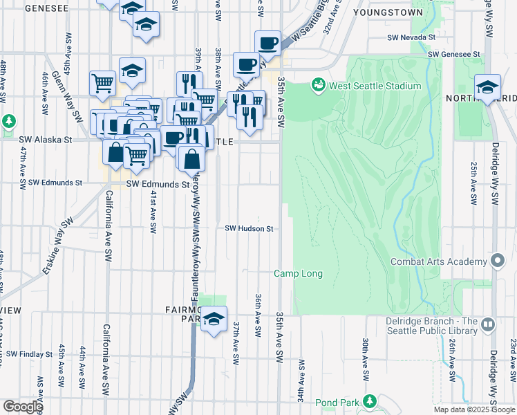 map of restaurants, bars, coffee shops, grocery stores, and more near 4754 36th Avenue Southwest in Seattle
