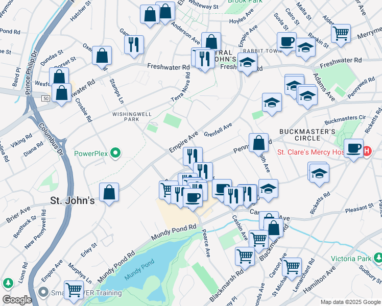 map of restaurants, bars, coffee shops, grocery stores, and more near 69 Cashin Avenue in St. John's