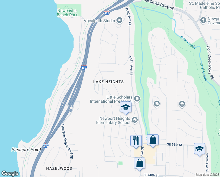 map of restaurants, bars, coffee shops, grocery stores, and more near 5009 117th Avenue Southeast in Bellevue