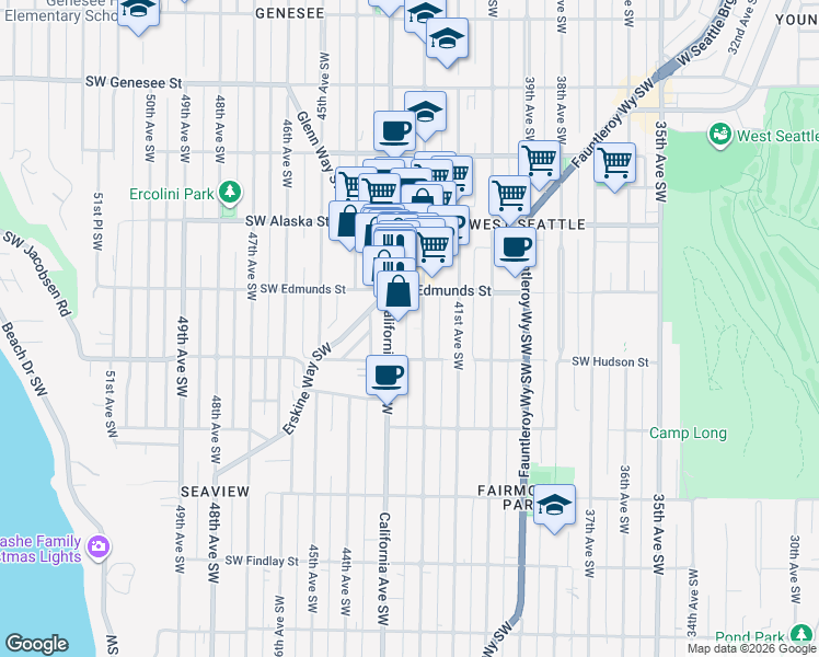 map of restaurants, bars, coffee shops, grocery stores, and more near in Seattle