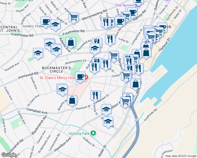 map of restaurants, bars, coffee shops, grocery stores, and more near 149B Casey Street in St. John's