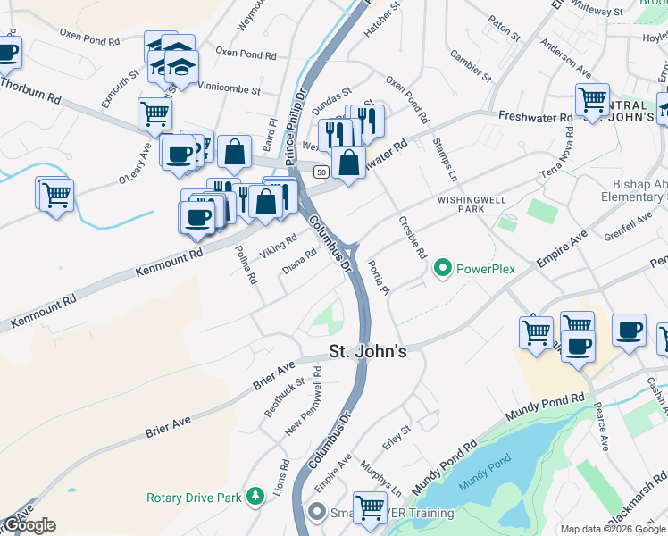 map of restaurants, bars, coffee shops, grocery stores, and more near 11 Neptune Road in St. John's