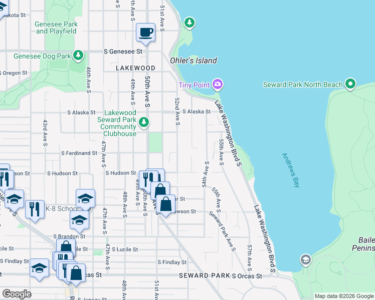 map of restaurants, bars, coffee shops, grocery stores, and more near 4808 52nd Avenue South in Seattle