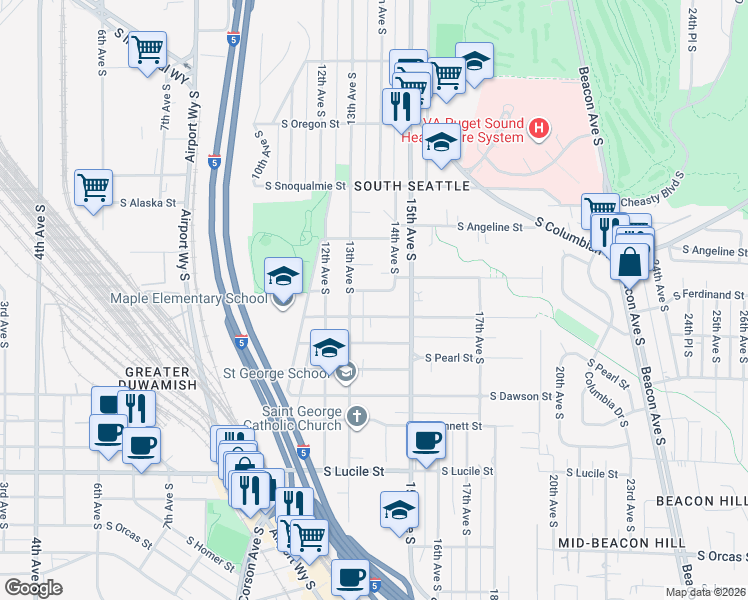 map of restaurants, bars, coffee shops, grocery stores, and more near 4865 14th Avenue South in Seattle