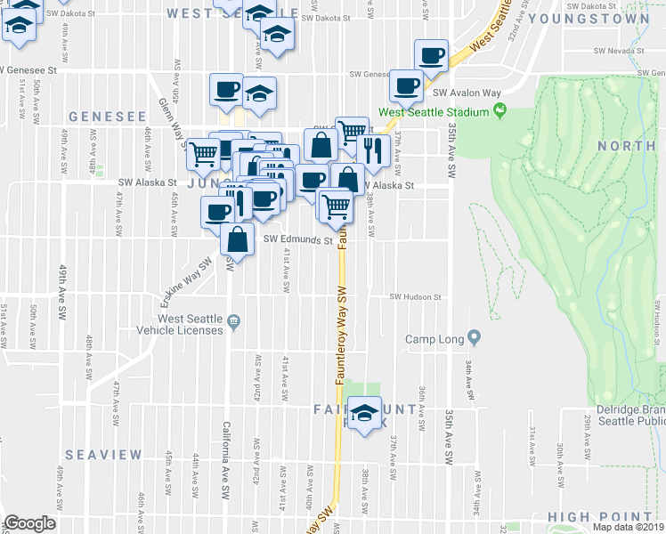 map of restaurants, bars, coffee shops, grocery stores, and more near 4801 Fauntleroy Way Southwest in Seattle