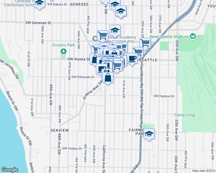 map of restaurants, bars, coffee shops, grocery stores, and more near in Seattle