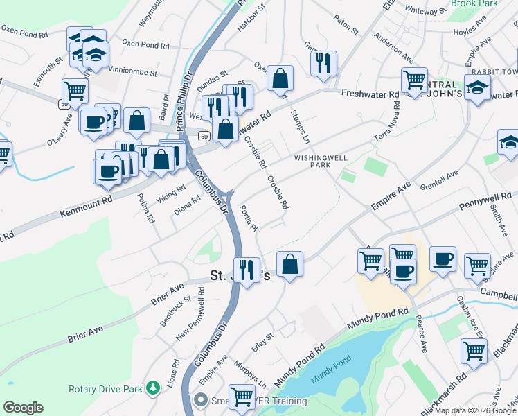 map of restaurants, bars, coffee shops, grocery stores, and more near 109 Terra Nova Road in St. John's