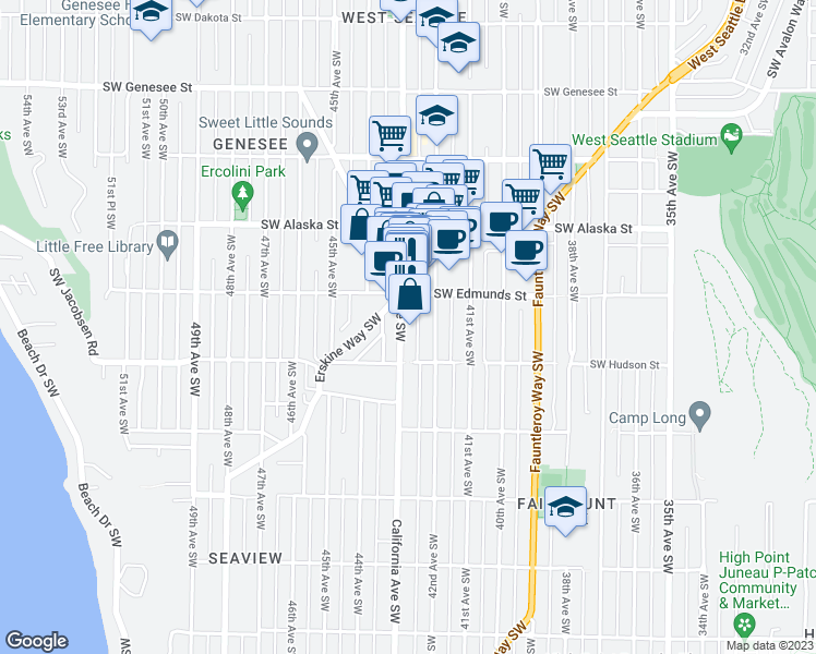 map of restaurants, bars, coffee shops, grocery stores, and more near 4830 California Avenue Southwest in Seattle