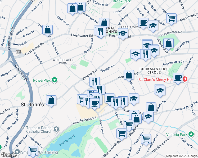 map of restaurants, bars, coffee shops, grocery stores, and more near 56 Cashin Avenue in St. John's