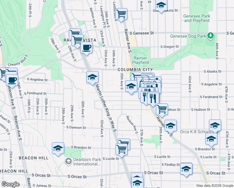 map of restaurants, bars, coffee shops, grocery stores, and more near 4791 35th Avenue South in Seattle