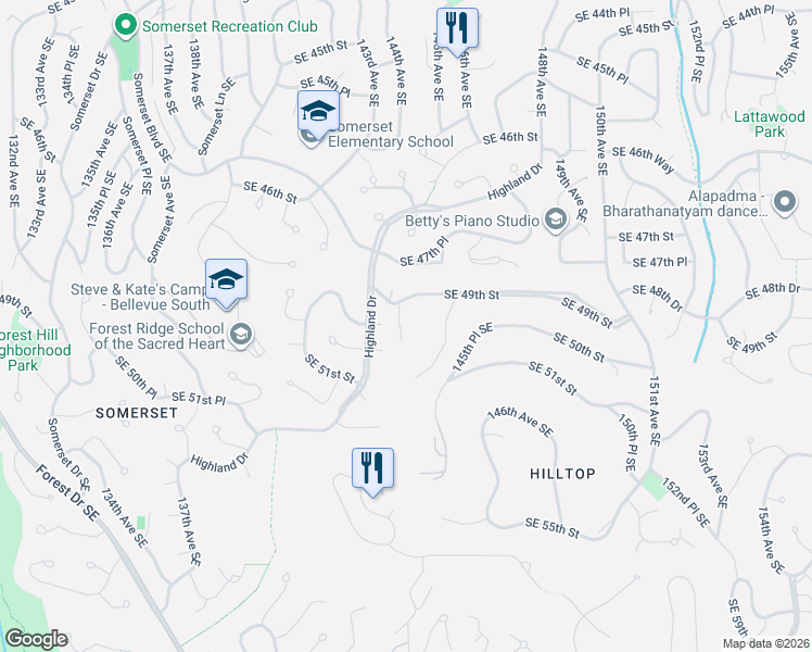 map of restaurants, bars, coffee shops, grocery stores, and more near 14317 Southeast 49th Street in Bellevue