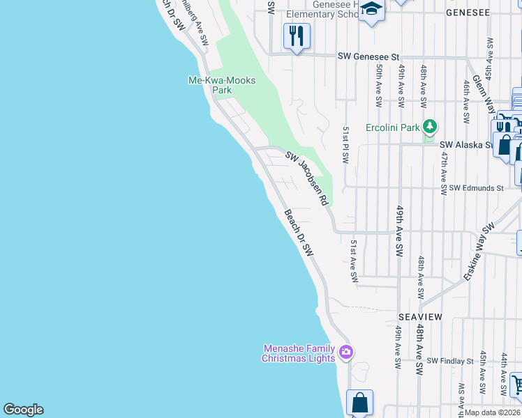 map of restaurants, bars, coffee shops, grocery stores, and more near 4821 Beach Drive Southwest in Seattle
