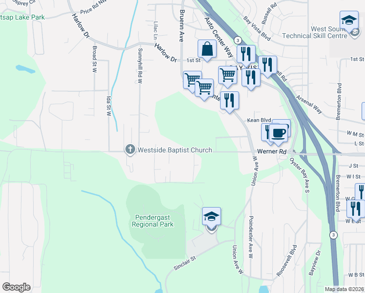 map of restaurants, bars, coffee shops, grocery stores, and more near 5206 Werner Road in Bremerton