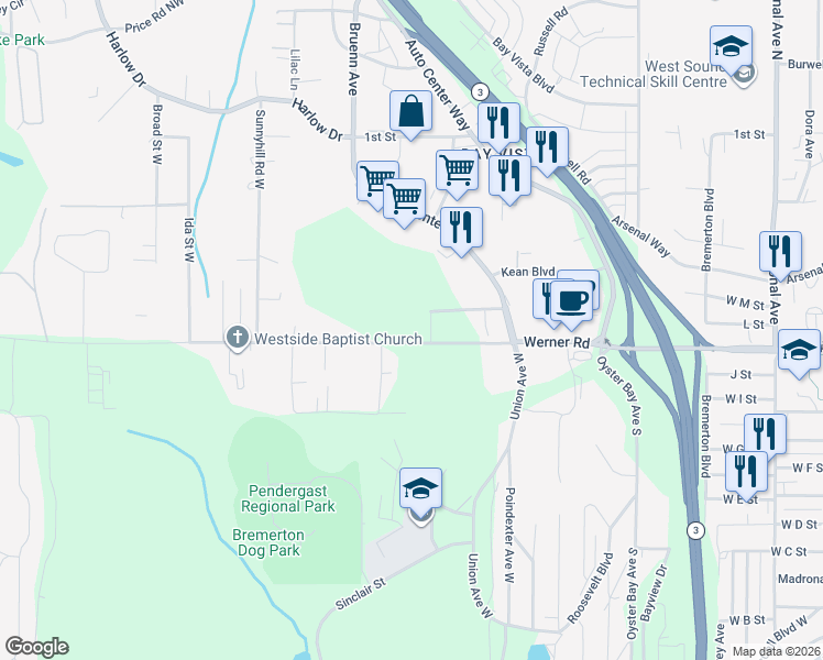 map of restaurants, bars, coffee shops, grocery stores, and more near 5108 Werner Road in Bremerton