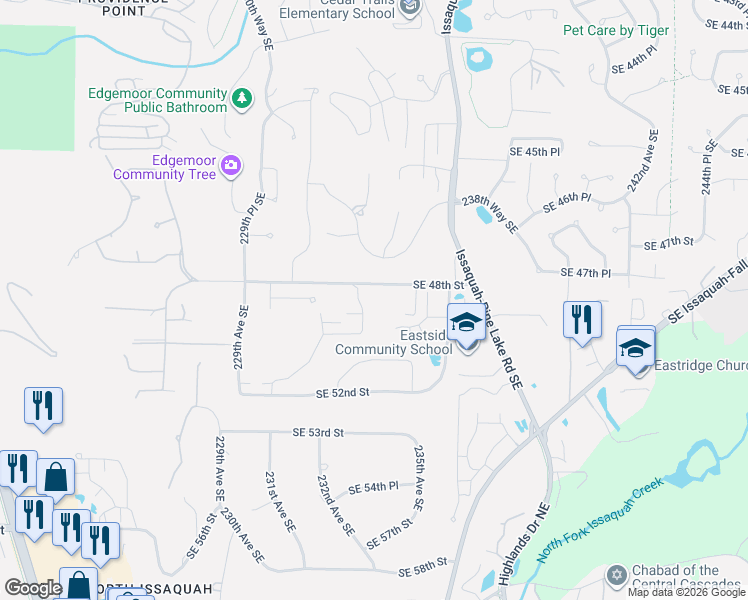 map of restaurants, bars, coffee shops, grocery stores, and more near 23317 Southeast 48th Street in Issaquah
