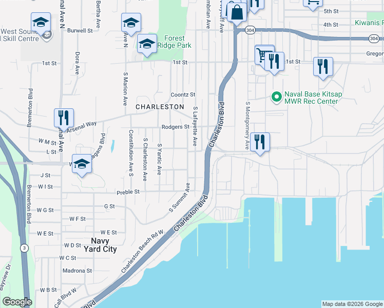 map of restaurants, bars, coffee shops, grocery stores, and more near 403 South Lafayette Avenue in Bremerton