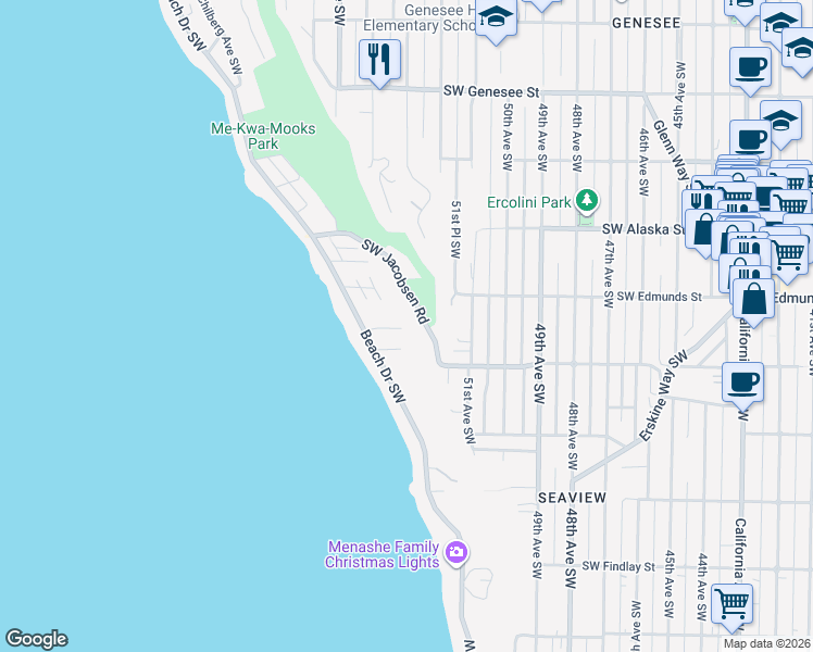 map of restaurants, bars, coffee shops, grocery stores, and more near 5233 Southwest Jacobsen Road in Seattle