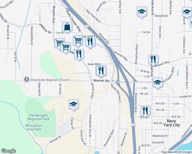 map of restaurants, bars, coffee shops, grocery stores, and more near 4900 Kean Street in Bremerton