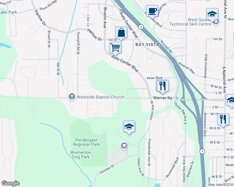 map of restaurants, bars, coffee shops, grocery stores, and more near 5108 Werner Road in Bremerton
