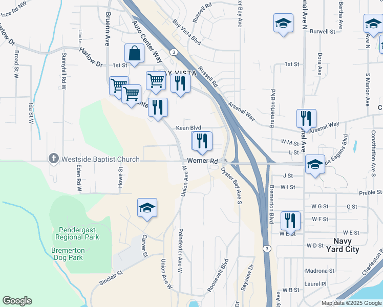 map of restaurants, bars, coffee shops, grocery stores, and more near 4710 Auto Center Boulevard in Bremerton