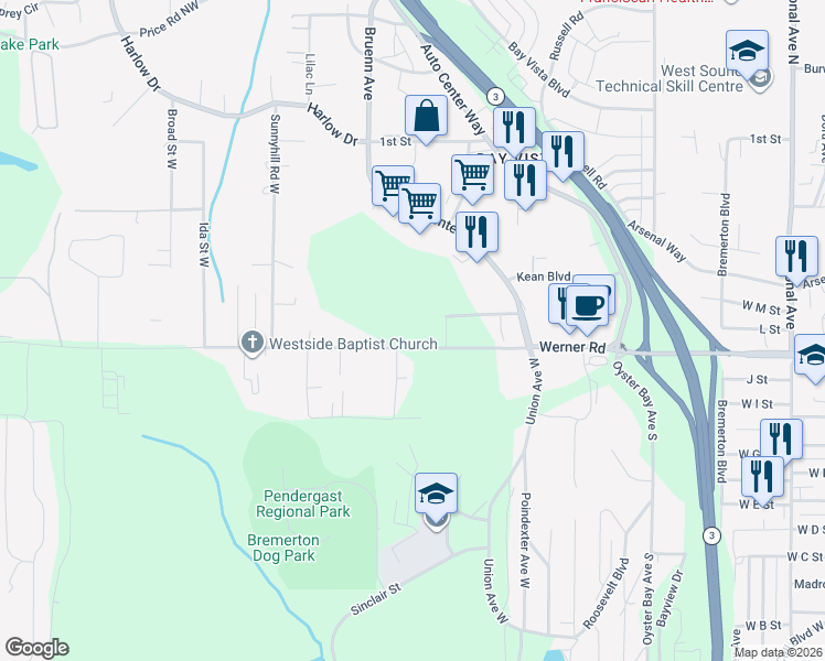 map of restaurants, bars, coffee shops, grocery stores, and more near 5108 Werner Road in Bremerton