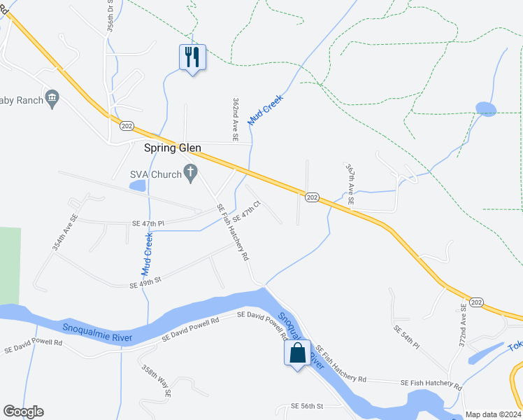 map of restaurants, bars, coffee shops, grocery stores, and more near 36231 Southeast 47th Court in Fall City