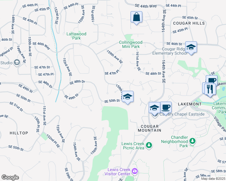 map of restaurants, bars, coffee shops, grocery stores, and more near 15824 Southeast 49th Street in Bellevue