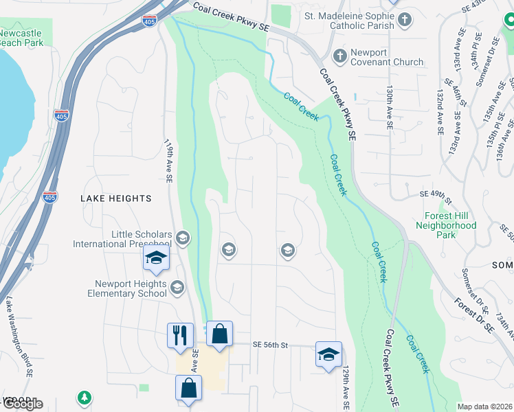 map of restaurants, bars, coffee shops, grocery stores, and more near 4920 123rd Place Southeast in Bellevue