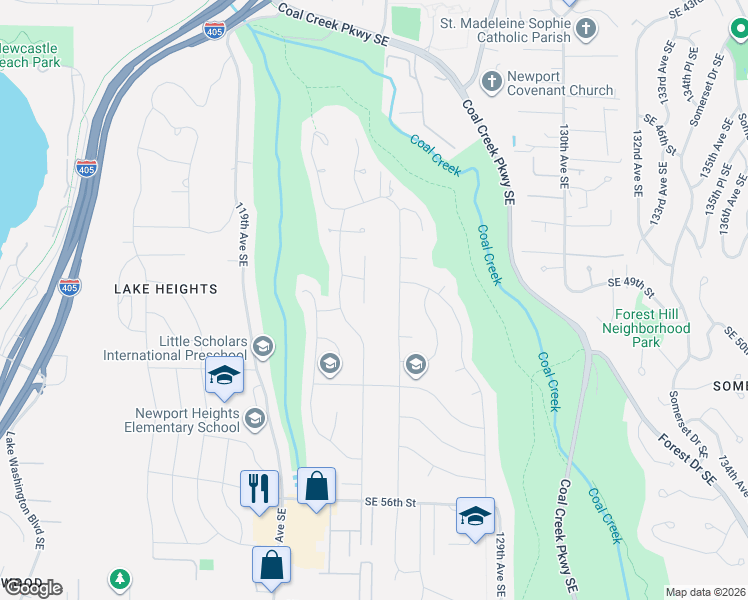 map of restaurants, bars, coffee shops, grocery stores, and more near 4920 123rd Place Southeast in Bellevue