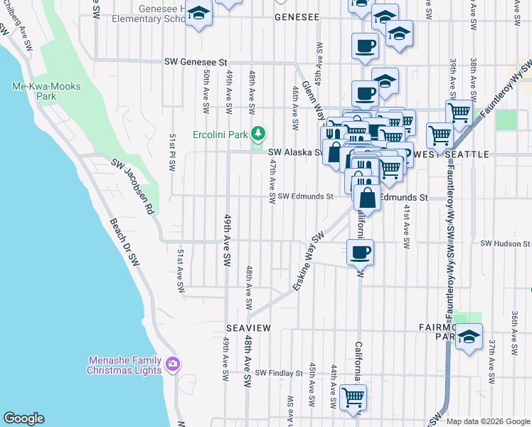map of restaurants, bars, coffee shops, grocery stores, and more near 4811 47th Avenue Southwest in Seattle