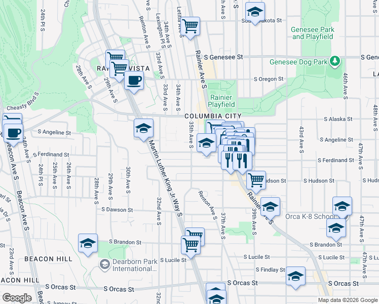 map of restaurants, bars, coffee shops, grocery stores, and more near 3300 South Edmunds Street in Seattle