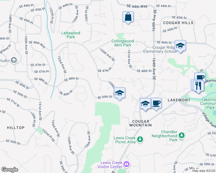 map of restaurants, bars, coffee shops, grocery stores, and more near 15823 Southeast 48th Drive in Bellevue