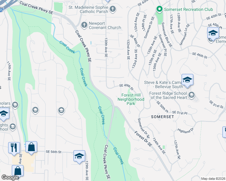 map of restaurants, bars, coffee shops, grocery stores, and more near 13018 Southeast 49th Street in Bellevue