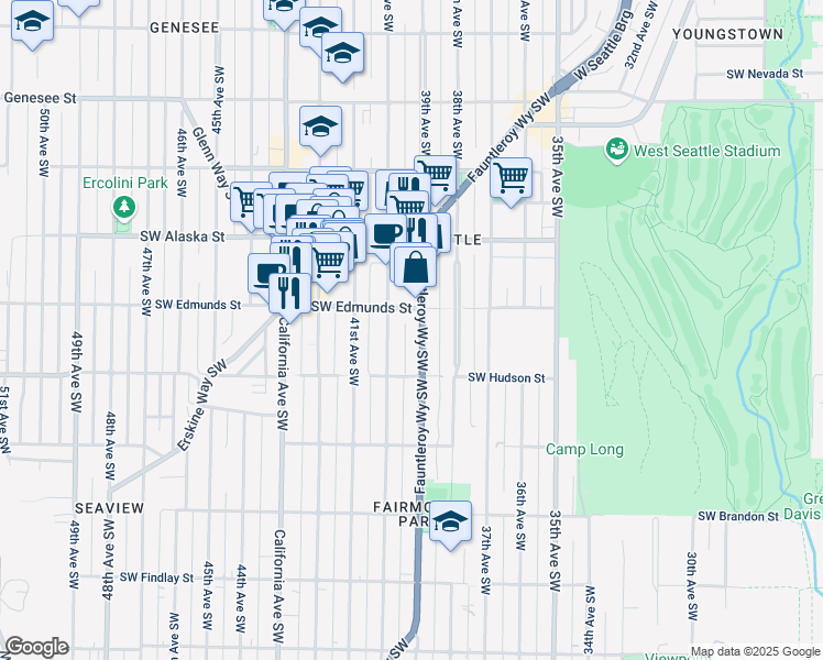 map of restaurants, bars, coffee shops, grocery stores, and more near 4801 Fauntleroy Way Southwest in Seattle
