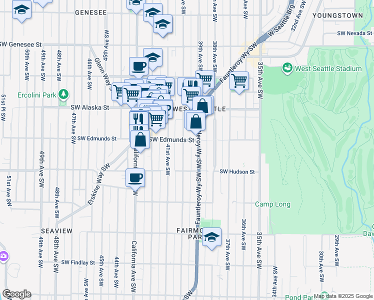 map of restaurants, bars, coffee shops, grocery stores, and more near 4801 Fauntleroy Way Southwest in Seattle