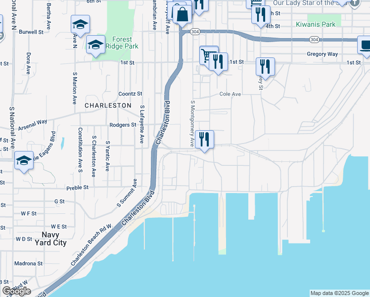 map of restaurants, bars, coffee shops, grocery stores, and more near 301-399 Callow Avenue South in Bremerton
