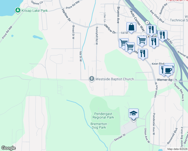 map of restaurants, bars, coffee shops, grocery stores, and more near 429 Sunnyhill Road West in Bremerton