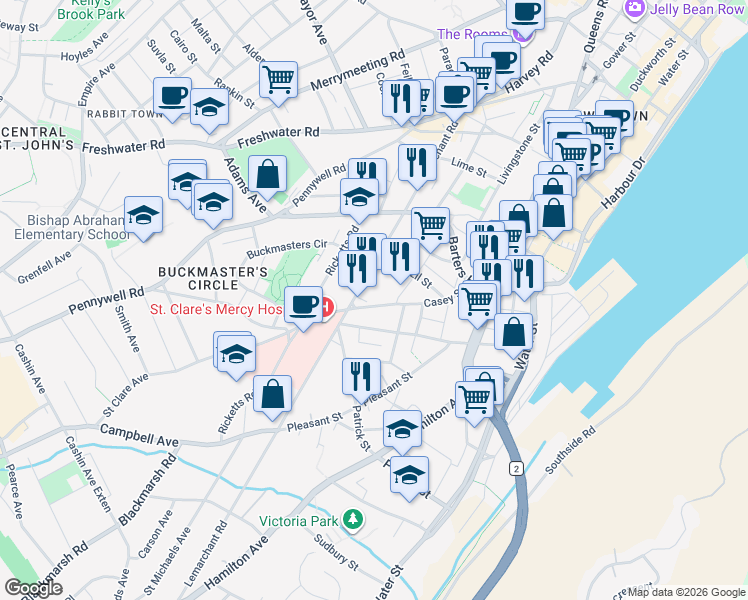 map of restaurants, bars, coffee shops, grocery stores, and more near 146 Casey Street in St. John's