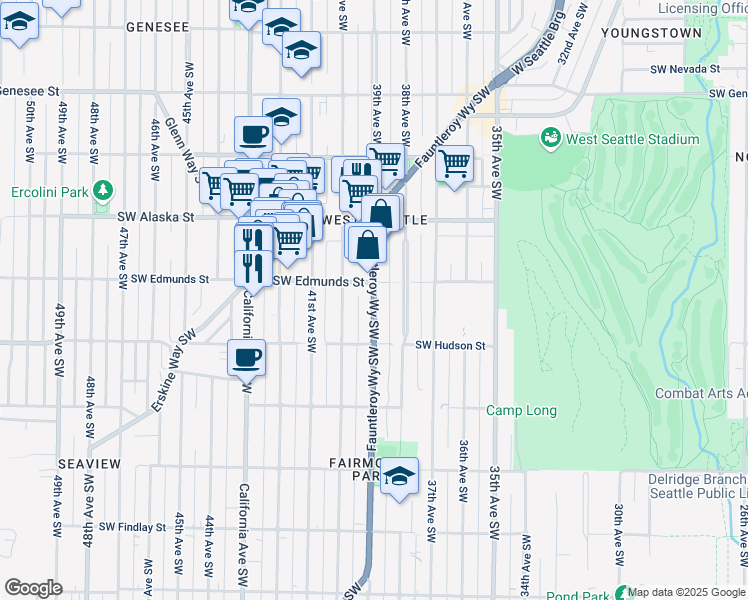 map of restaurants, bars, coffee shops, grocery stores, and more near 4857 Fauntleroy Way SW in Seattle