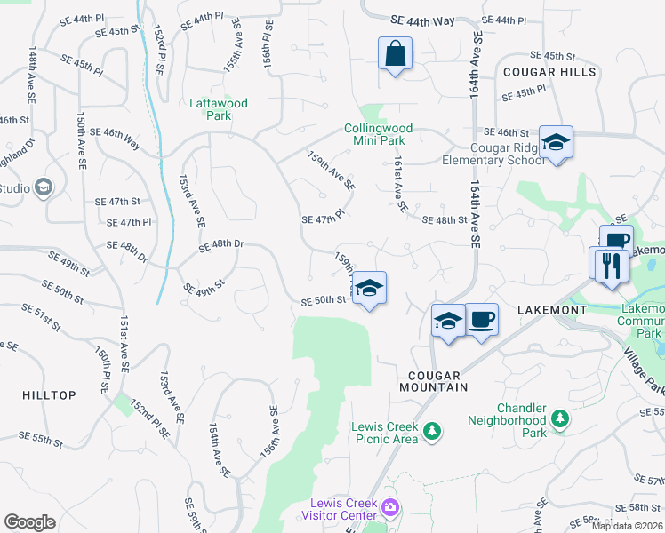 map of restaurants, bars, coffee shops, grocery stores, and more near 15823 Southeast 48th Drive in Bellevue