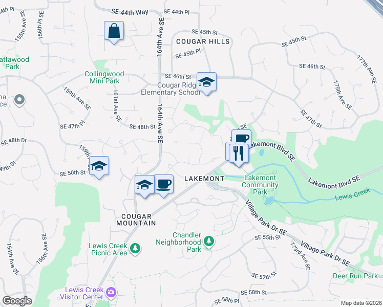 map of restaurants, bars, coffee shops, grocery stores, and more near 16564 Southeast 49th Street in Bellevue
