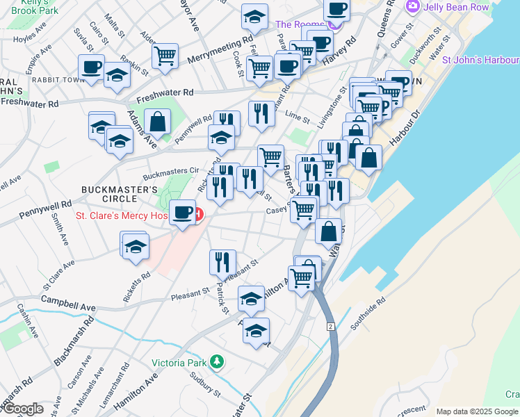 map of restaurants, bars, coffee shops, grocery stores, and more near 120 Casey Street in St. John's