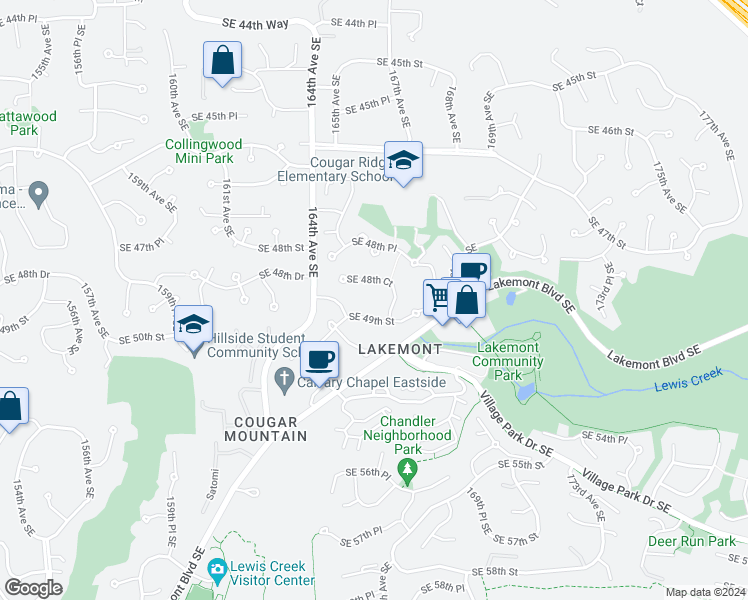 map of restaurants, bars, coffee shops, grocery stores, and more near 16564 Southeast 49th Street in Bellevue