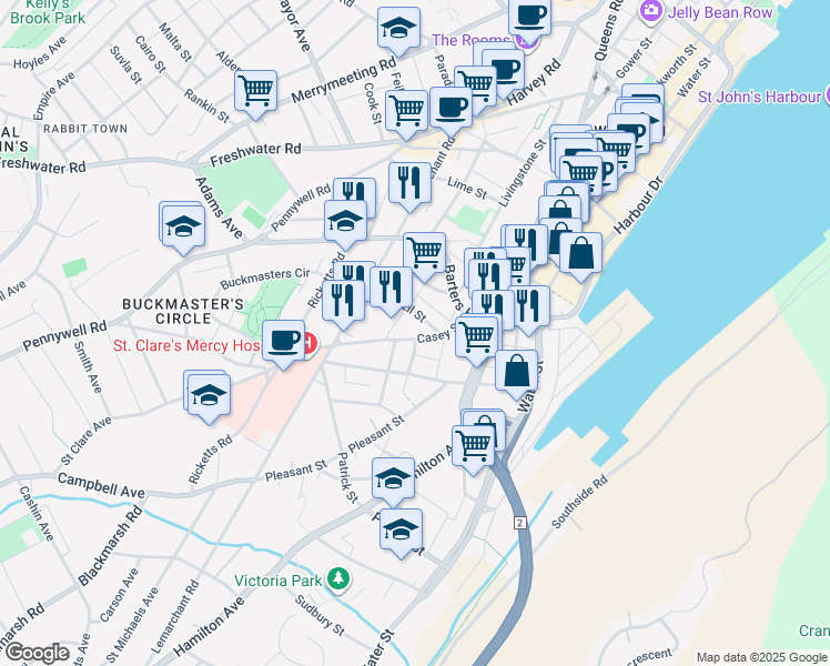 map of restaurants, bars, coffee shops, grocery stores, and more near 112 Casey Street in St. John's