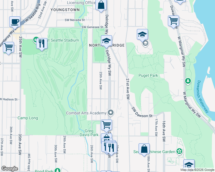 map of restaurants, bars, coffee shops, grocery stores, and more near 4815 Delridge Way Southwest in Seattle